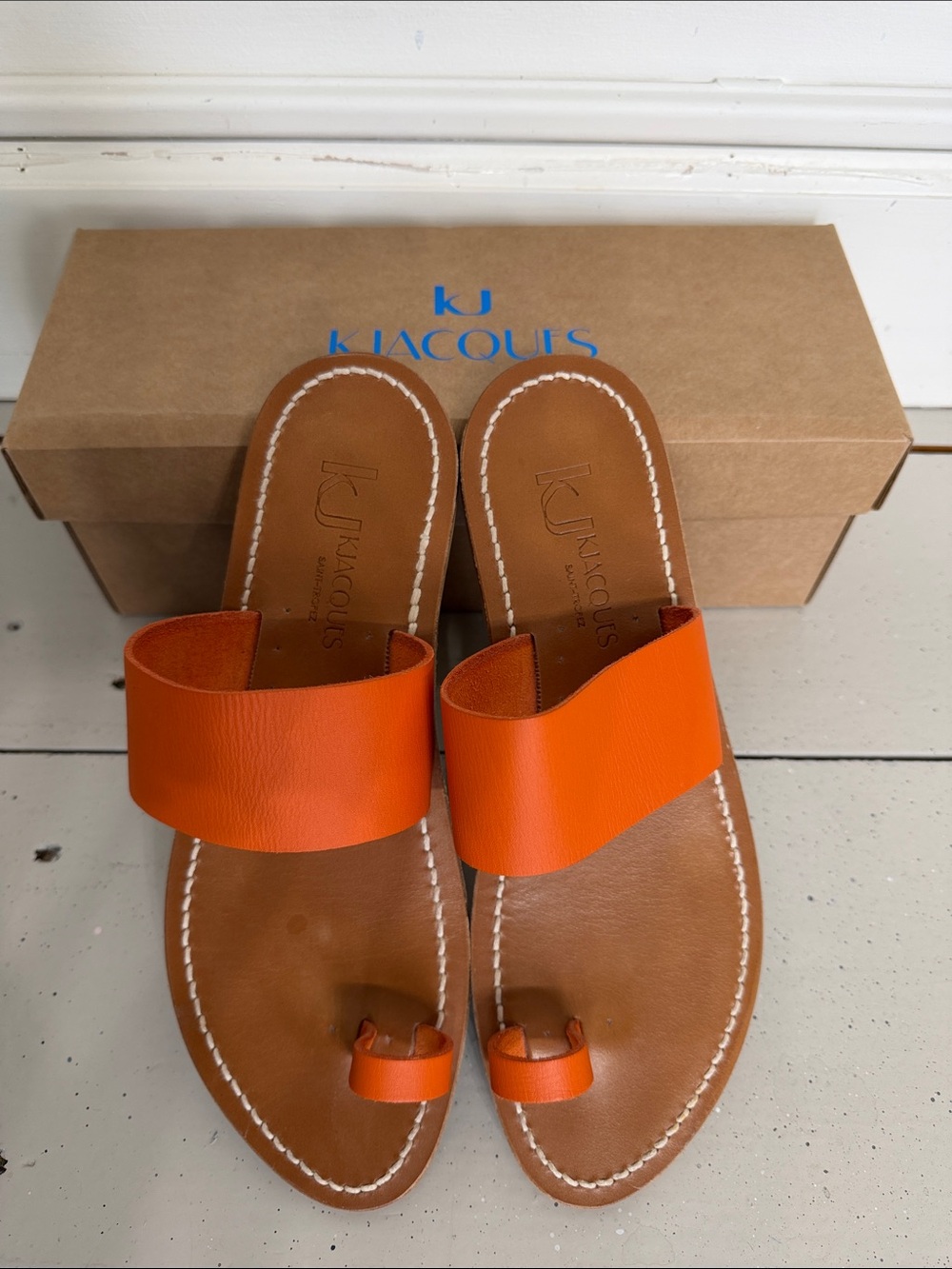 K.Jacques Orange Wide-Strap Toe-Loop Leather Slides 9.5